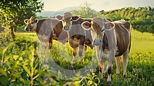 A herd of cattle in a pasture in the summer. Concept of agroforestry and silvopasture photo