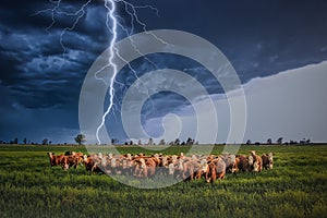 Herd of Cows Bracing Together in a Field for the  Lightning Tornado Thunder Storm