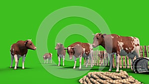 Herd of Cows Farm Fence Animals Down Green Screen 3D Rendering Animation