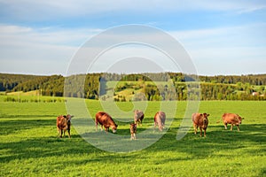 A herd of cows graze on the green grass, brown-colored animals walk across the field on a sunny summer day