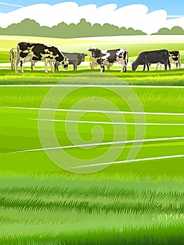 A herd of cows grazes among the rural hills. Pastures. Meadows and fields. Rustic village landscape. Farm work. Vector