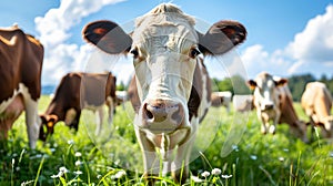 Herd of cows grazing on lush green meadow under blue skies, agriculture, dairy farming, and rural life concepts