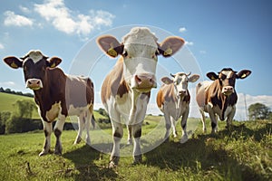 Herd of cows on a green meadow in sunny summer day, Group of cows standing in a grassy field, AI Generated