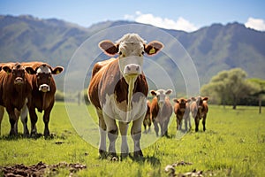 Herd of cows on a meadow with mountains in the background, Herd of cow and calf pairs on pasture on the beef cattle ranch, AI