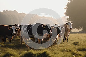 A herd of cows standing on top of a lush green field. AI generative image.