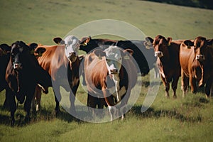 A herd of cows standing on top of a lush green field. Generative AI image.