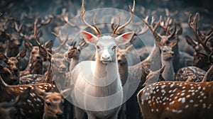 A herd of deer with one white deer in the middle