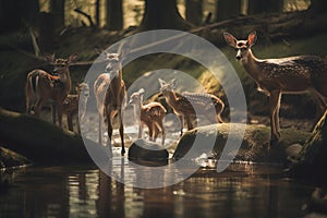 a herd of deer standing on top of a river next to a forest filled with green grass and trees on top of a hill next to a body of