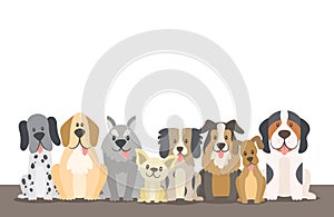 Herd of dogs sitting at the floor background illustration.