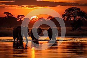 Herd of Elephants Crossing River at Sunset, The silhouette of elephants at sunset in Chobe National Park, Botswana, Africa,