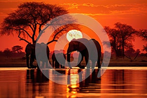 Herd of Elephants Crossing River at Sunset, The silhouette of elephants at sunset in Chobe National Park, Botswana, Africa,