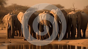 A herd of elephants quenching their thirst at a watering hole created with Generative AI