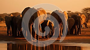 A herd of elephants quenching their thirst at a watering hole created with Generative AI