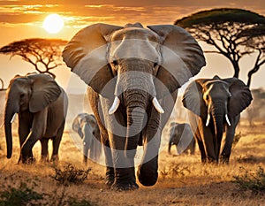 a herd of elephants walking across a dry grass field at sunset with the sun in the background