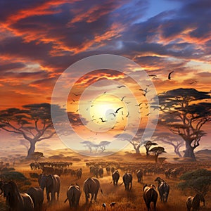 a herd of elephants walking across a field at sunset