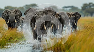 Herd of Elephants Walking Across Lush Green Field