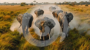 Herd of Elephants Walking Across Lush Green Field