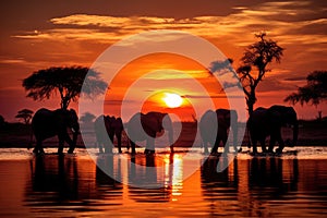 Herd of Elephants Walking Across River at Sunset, The silhouette of elephants at sunset in Chobe National Park, Botswana, Africa,