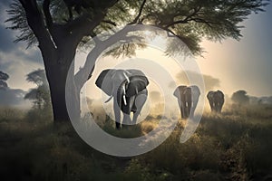 Herd of elephants walking across the savanna at sunrise. Amazing African wildlife. Generative Ai