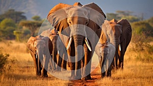 A herd of elephants walking down a dirt road