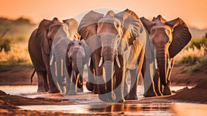 A herd of elephants walking down a dirt road. Generative AI image.