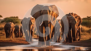 A herd of elephants walking down a dirt road. Generative AI image.