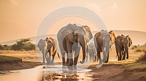 A herd of elephants walking down a dirt road. Generative AI image.