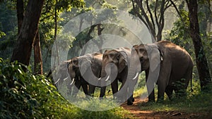 A herd of elephants walking through a sunlit forest path