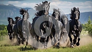 Herd of Friesian black horses galloping in the grass