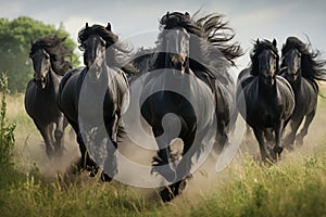 Herd of Friesian black horses galloping in the grass
