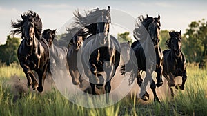 Herd of Friesian black horses galloping in the grass