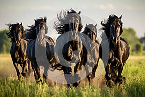 Herd of Friesian black horses galloping in the grass