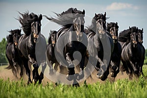 Herd of Friesian black horses galloping in the grass