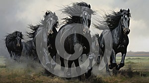 Herd of Friesian black horses galloping in the grass