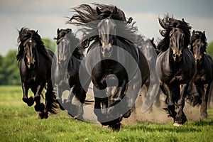 Herd of Friesian black horses galloping in the grass