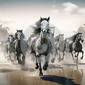 A herd of galloping horses