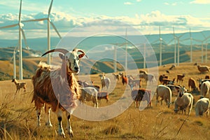 Herd of goats grazing in grassland with wind turbines in background