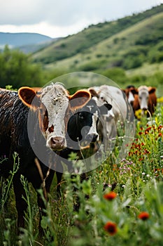 A herd of a group of cows standing in the grass, AI