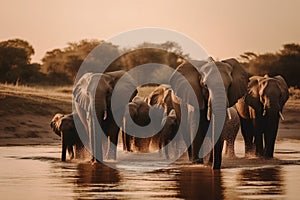 A herd group of a family of African elephants on the Savanah prairie at sunset. AI generated.