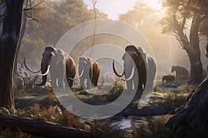 A herd of gy mammoths stomping through a primeval forest their massive tusks gleaming in the fading light.. AI
