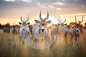a herd of hartebeests against sunset backdrop photo
