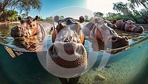 A herd of hippopotamuses submerge themselves in a river in Africa, generative AI