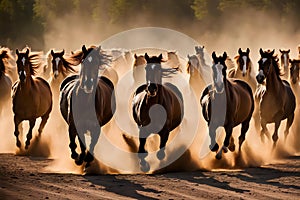 Herd of horses gallop past raising dust