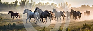 Herd of horses galloping in the morning mist. Panorama banner