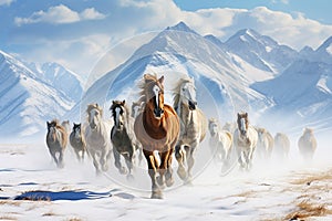 Herd of horses gallops across the field amid snow-covered mountains
