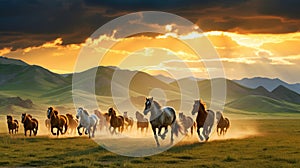 A herd of horses running across a field, AI