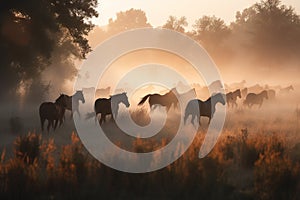 a herd of horses running across a field in the fog