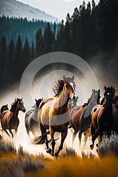 Herd of horses running across field next to forest on foggy day. Generative AI