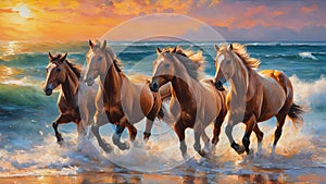 A herd of horses running on the beach