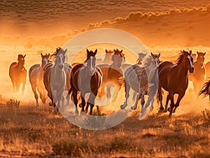 Herd of horses running in dusty meadow at sunset. Generative Ai